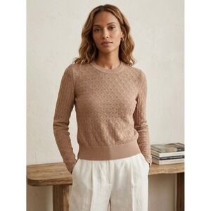 Club Monaco Tan Pointelle Scallop Knit Button Back Sweater Womens Medium
